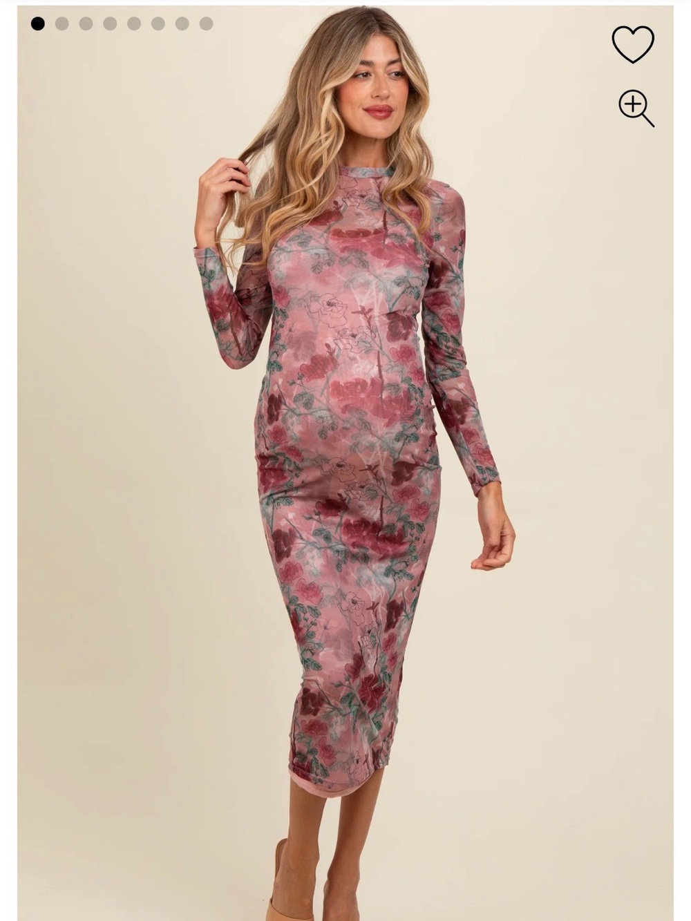 Maternity Mauve Floral Printed Mesh Overlay Maxi Dress